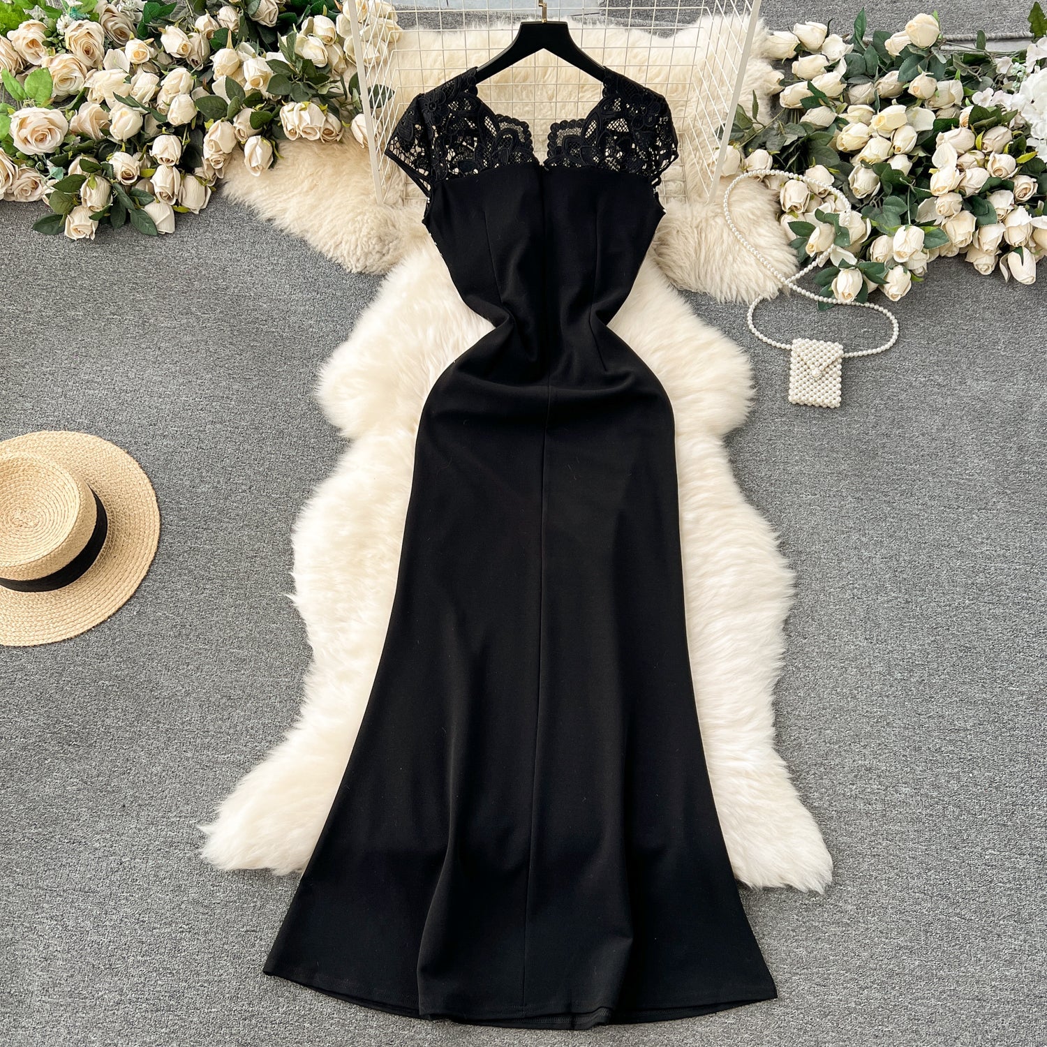 Elegant Sequined Embroidered Lace Black Dress