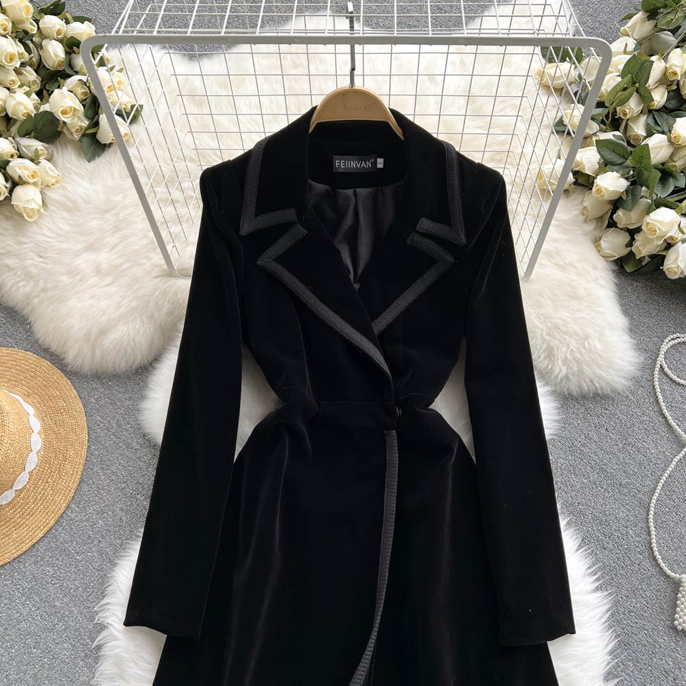 Velvet Suit Collar Trench Coat Dress