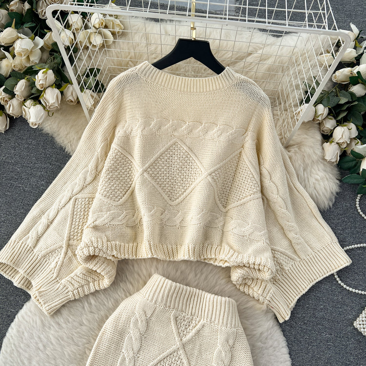 Cable Sweater&Half-body Skirt 2Pcs