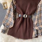 Two-piece Tartan Shirt Split Knit Vest
