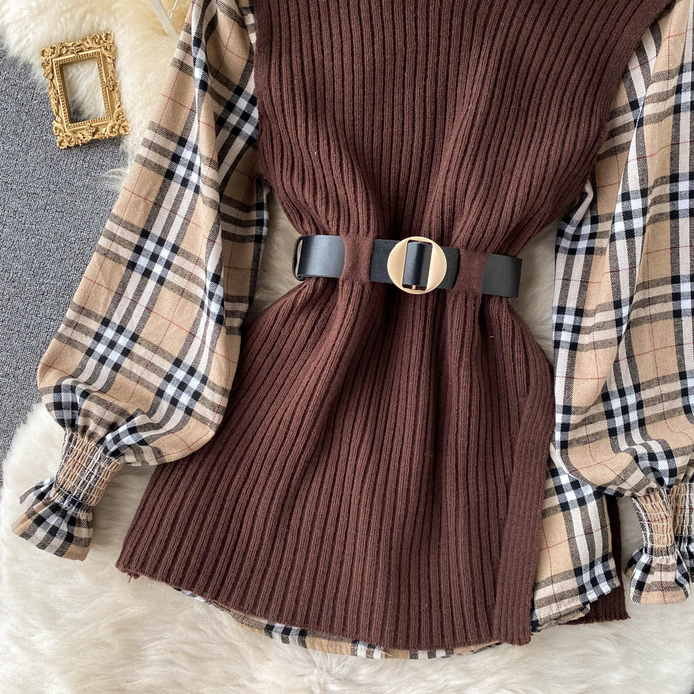Two-piece Tartan Shirt Split Knit Vest
