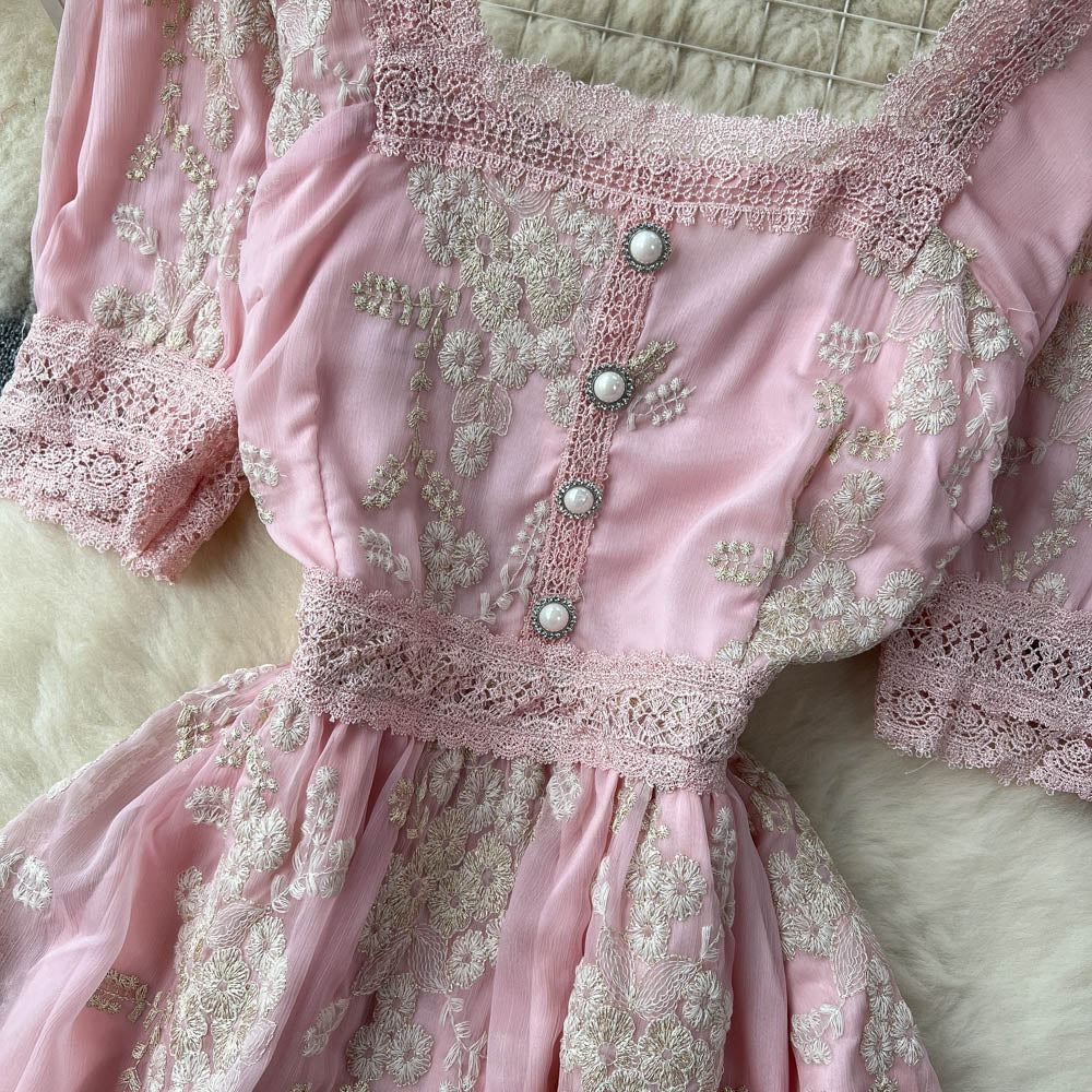Vintage Embroidery Pink Princess Dress