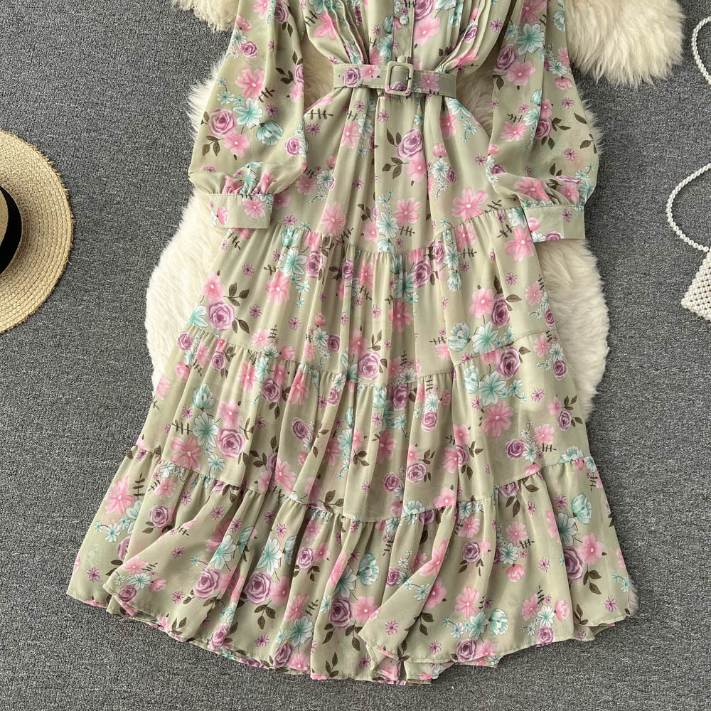 V-neck Chiffon Floral Long-sleeve Dress