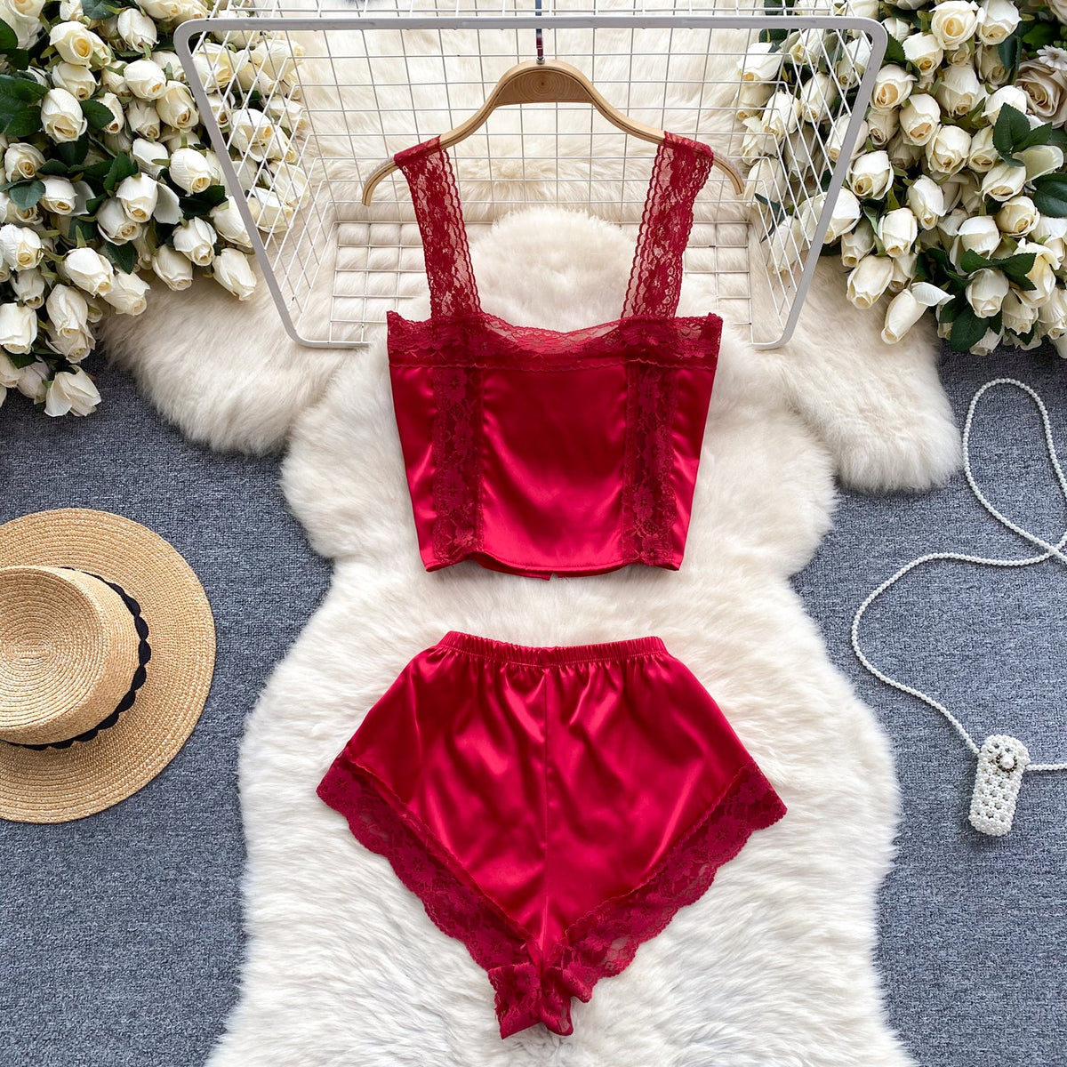 High-end Lace Camisole&Shorts Lingerie 2Pcs