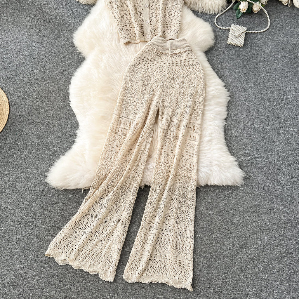 Crochet Sleeveless Cardigan&Trousers Knitted 2Pcs