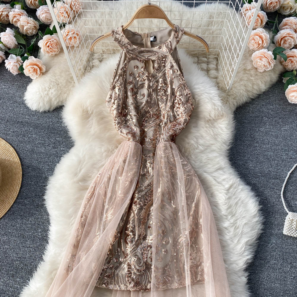 Off-the-shoulder Sequined Mesh Dress