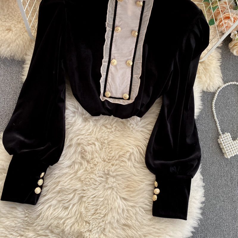 Collar Stitching Retro Velvet Sweater