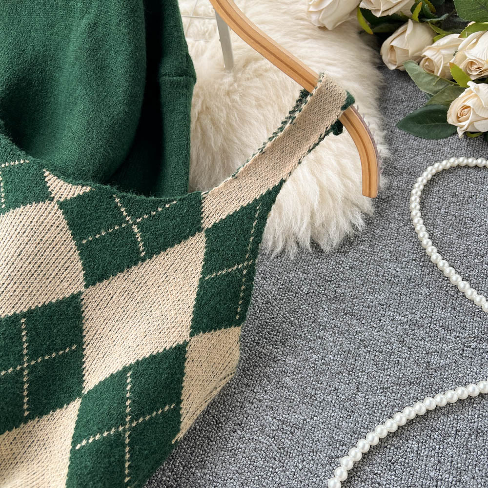 Cardigan&Rhombus Slip Dress Knitted 2Pcs