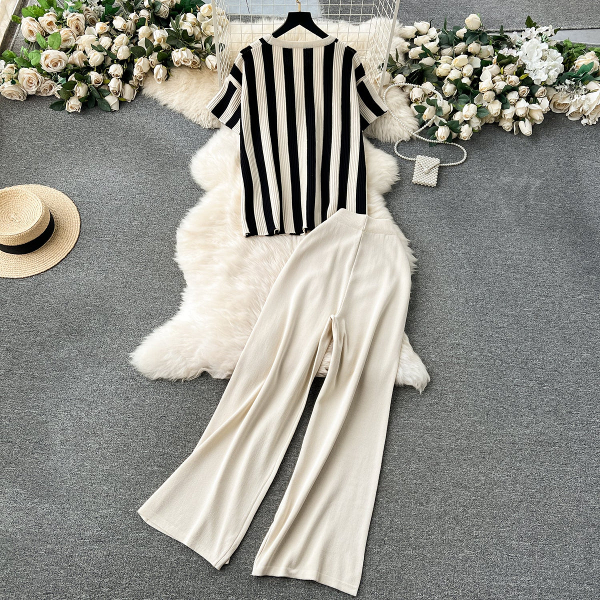 Striped Sweater&Wide-leg Trousers Knitted 2Pcs