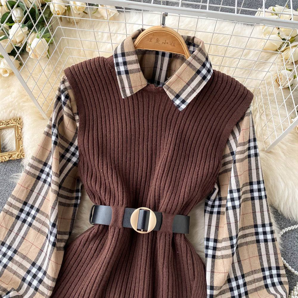 Two-piece Tartan Shirt Split Knit Vest