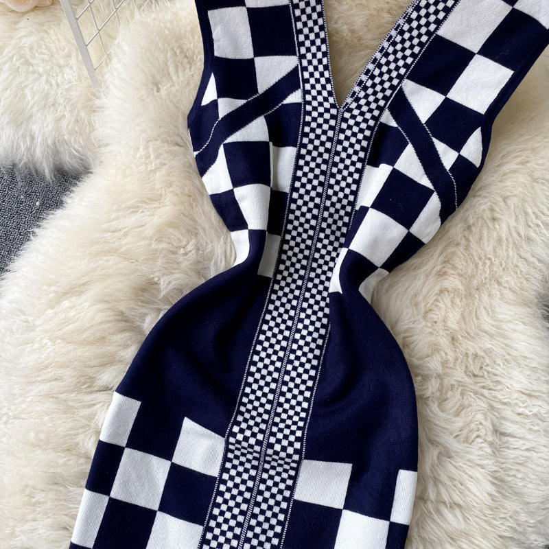 Mosaic Color Block Check Knit Dress
