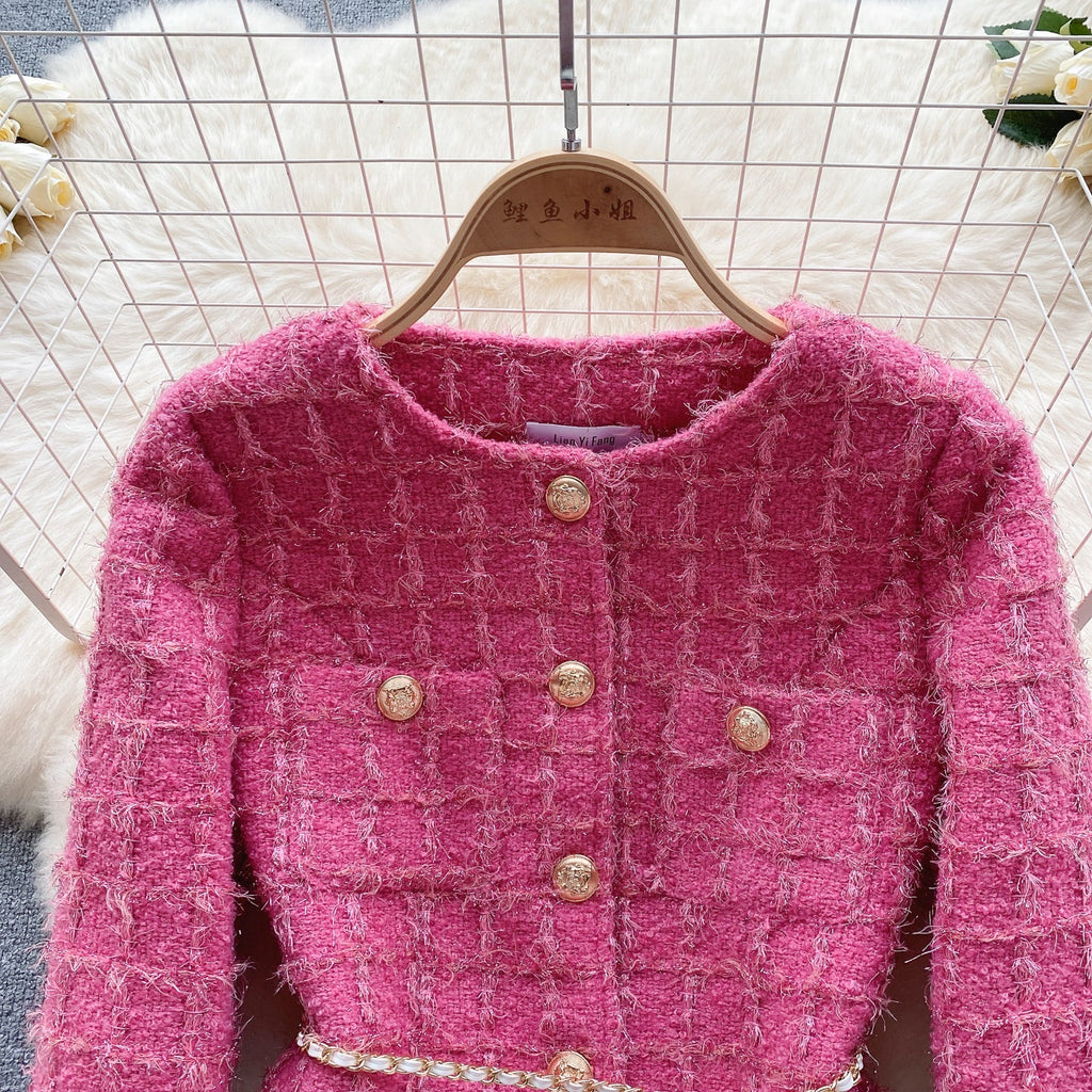 Cardigan&Skirt Plaid Tweed 2Pcs Set