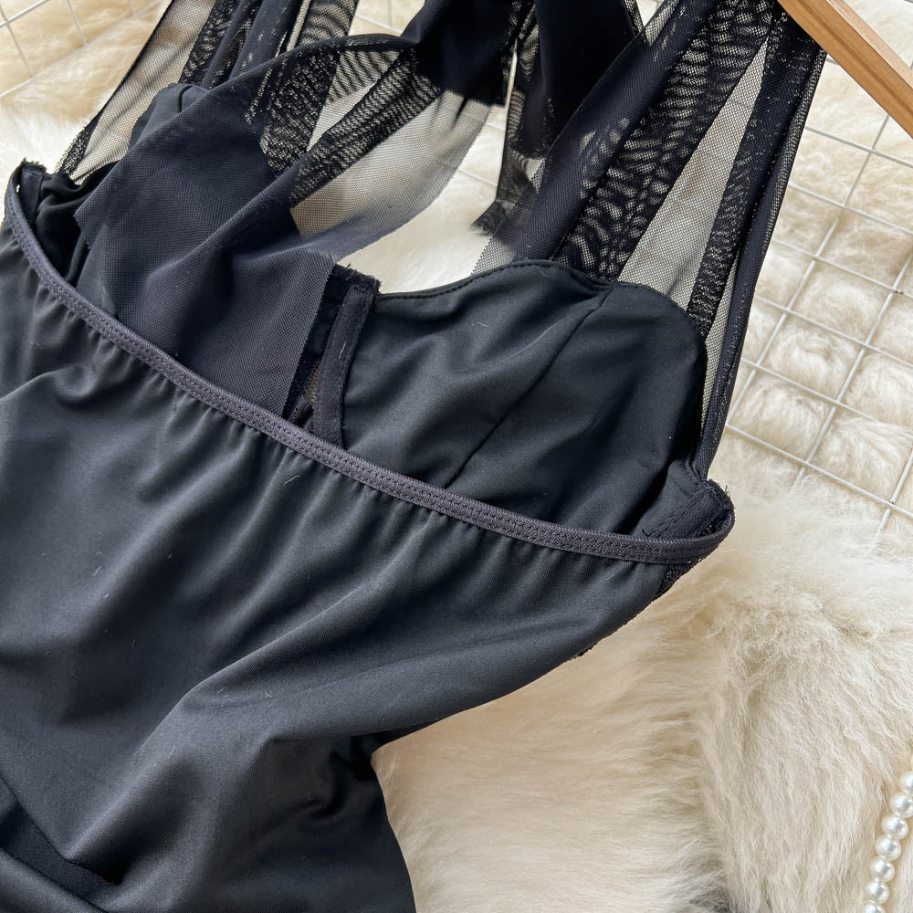 Vintage Mesh Lace-up Black Jumpsuit