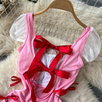 Sweet Pink Ruffle Mesh High-cut Jumpsuit