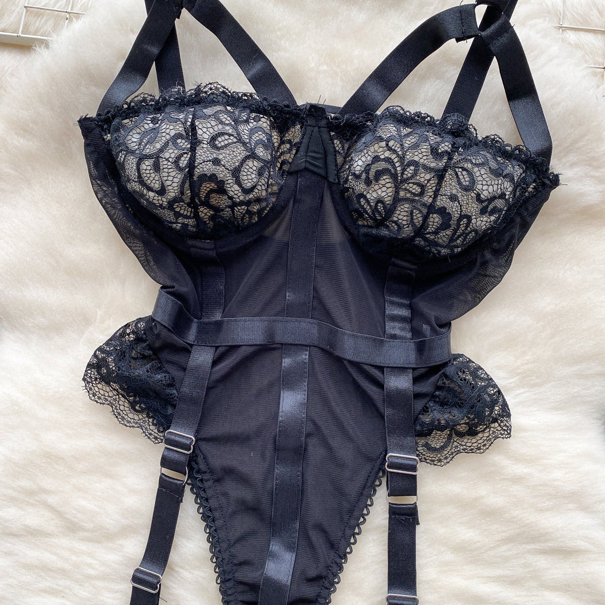 Lace-up Mesh Black Lingerie Set