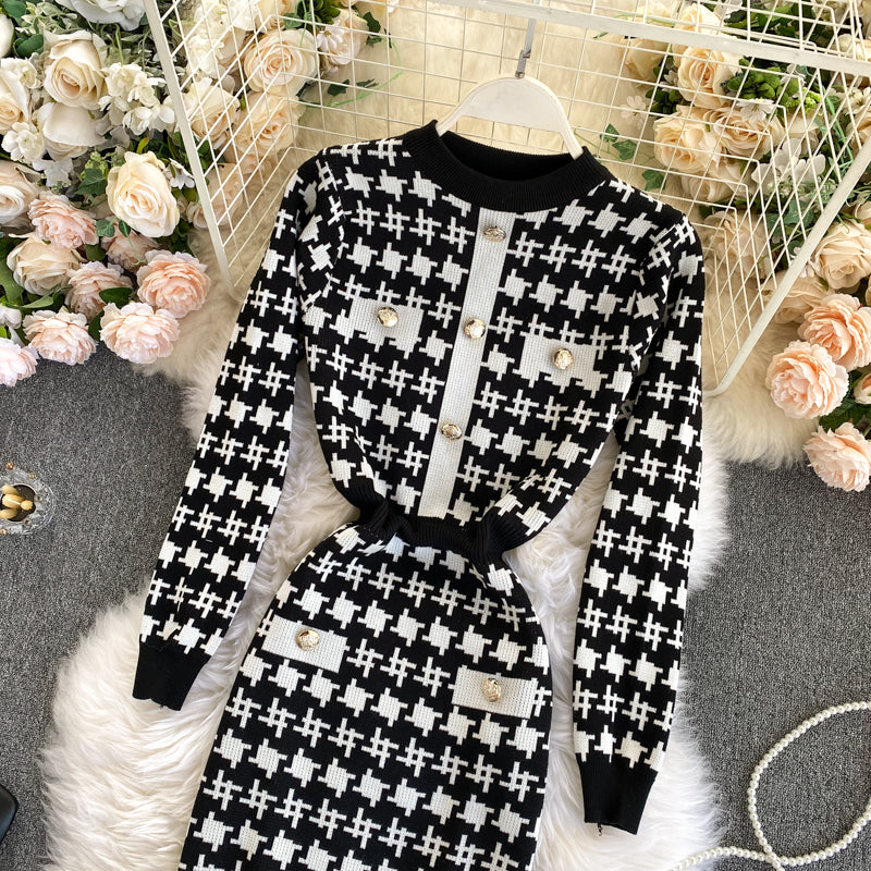 Checked Round Neck Waist Knit Dress