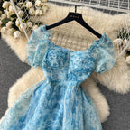 Bubble-sleeve Floral Organza Puffy Dress
