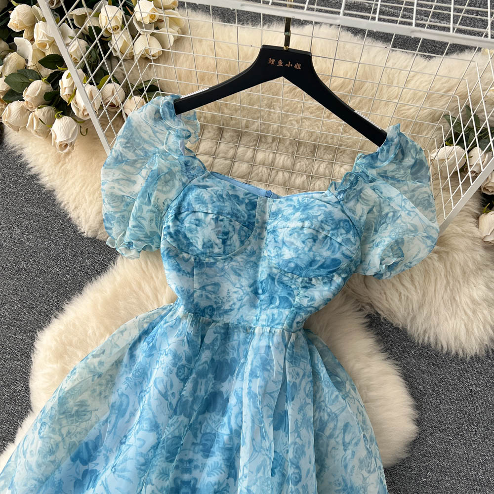 Bubble-sleeve Floral Organza Puffy Dress