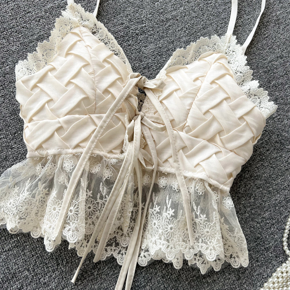 Sweet Lace V-neck Woven Pattern Top