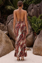 Abstract Print Cut-Out Halter Neck Maxi Dress