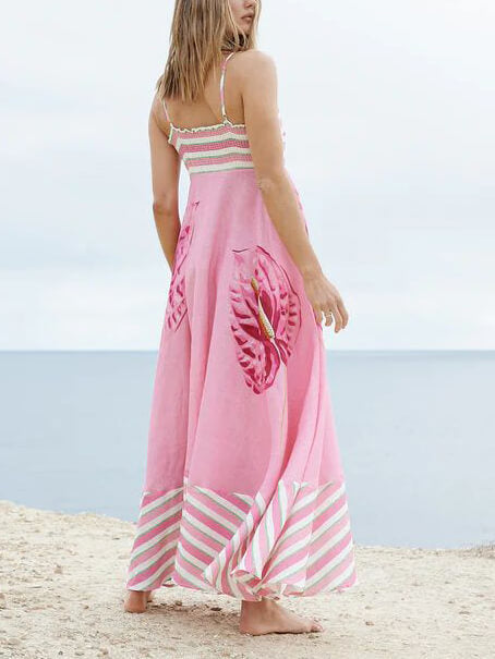 Floral Print Paneled Striped Suspender Maxi Dress