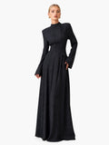 Architectural High-Neck Long Sleeve Maxi Dress With Puffed Shoulders & Flared Cuffs