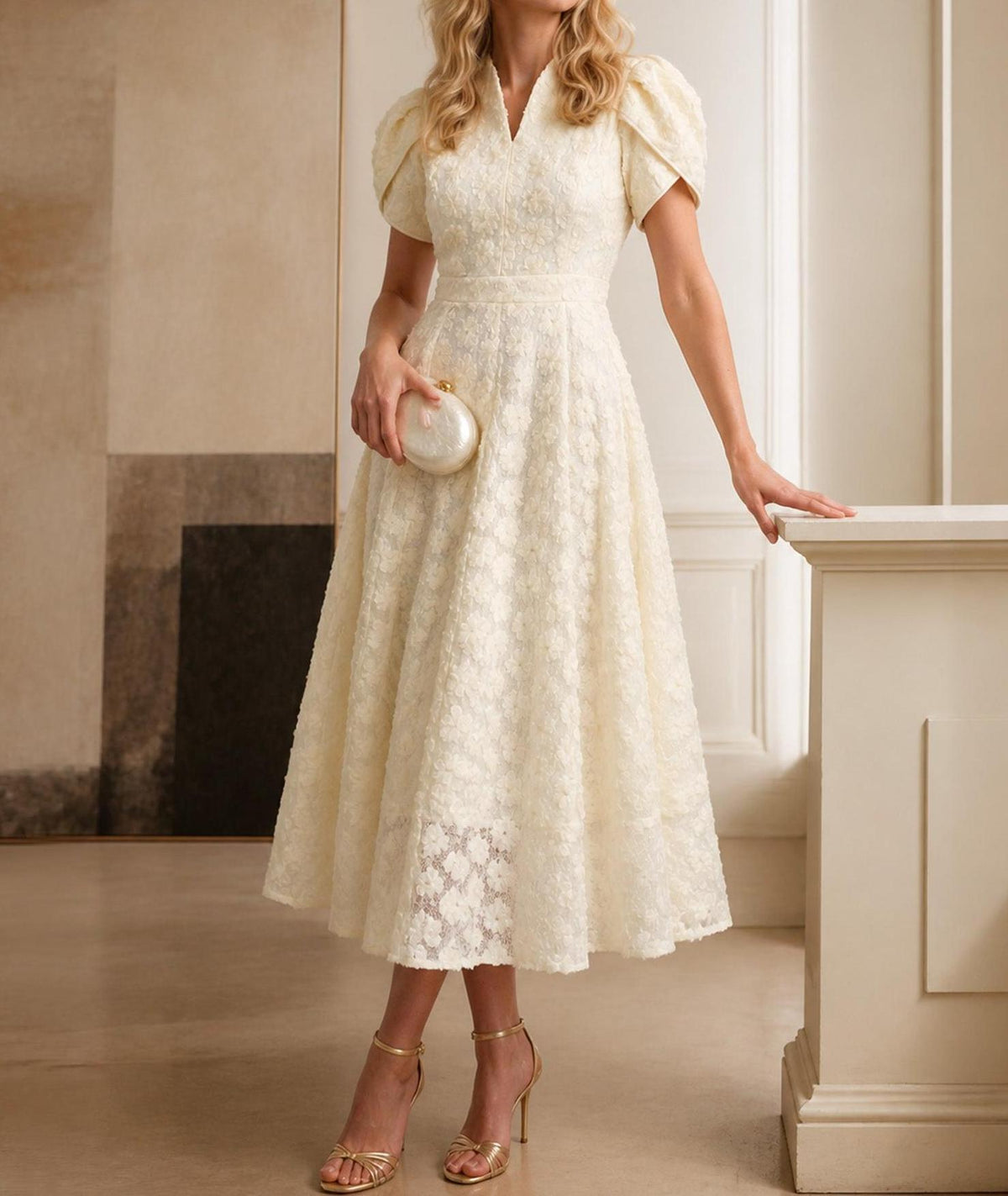 Cream White Floral Lace V-Neck Puff Sleeve Midi Dress