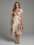 Flutter Sleeve Floral Stripe Wrap Midi Dress