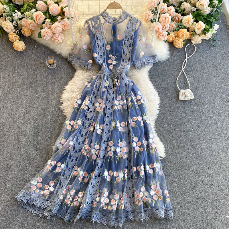Mesh Embroidery Crochet Dress