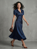 Pleated-Waist Vertical Stripe Midi Dress