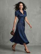 Pleated-Waist Vertical Stripe Midi Dress