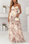 Strapless Floral Print Ruffle Layered Maxi Dress