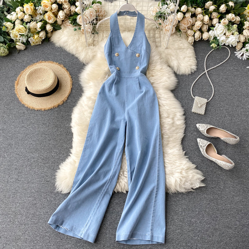 Open Back High Waist Wide Leg Denim Jumpsuit