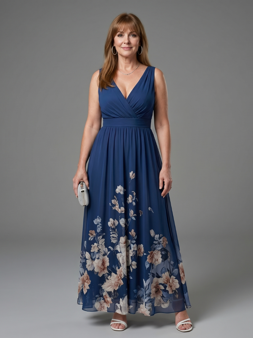Floral-Hem Sleeveless V-Neck Midi Dress