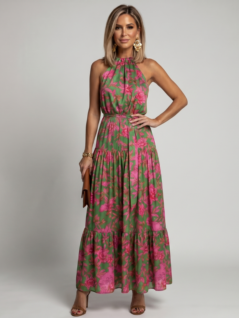 Imani | Halter Midi Dress with Tiered Skirt