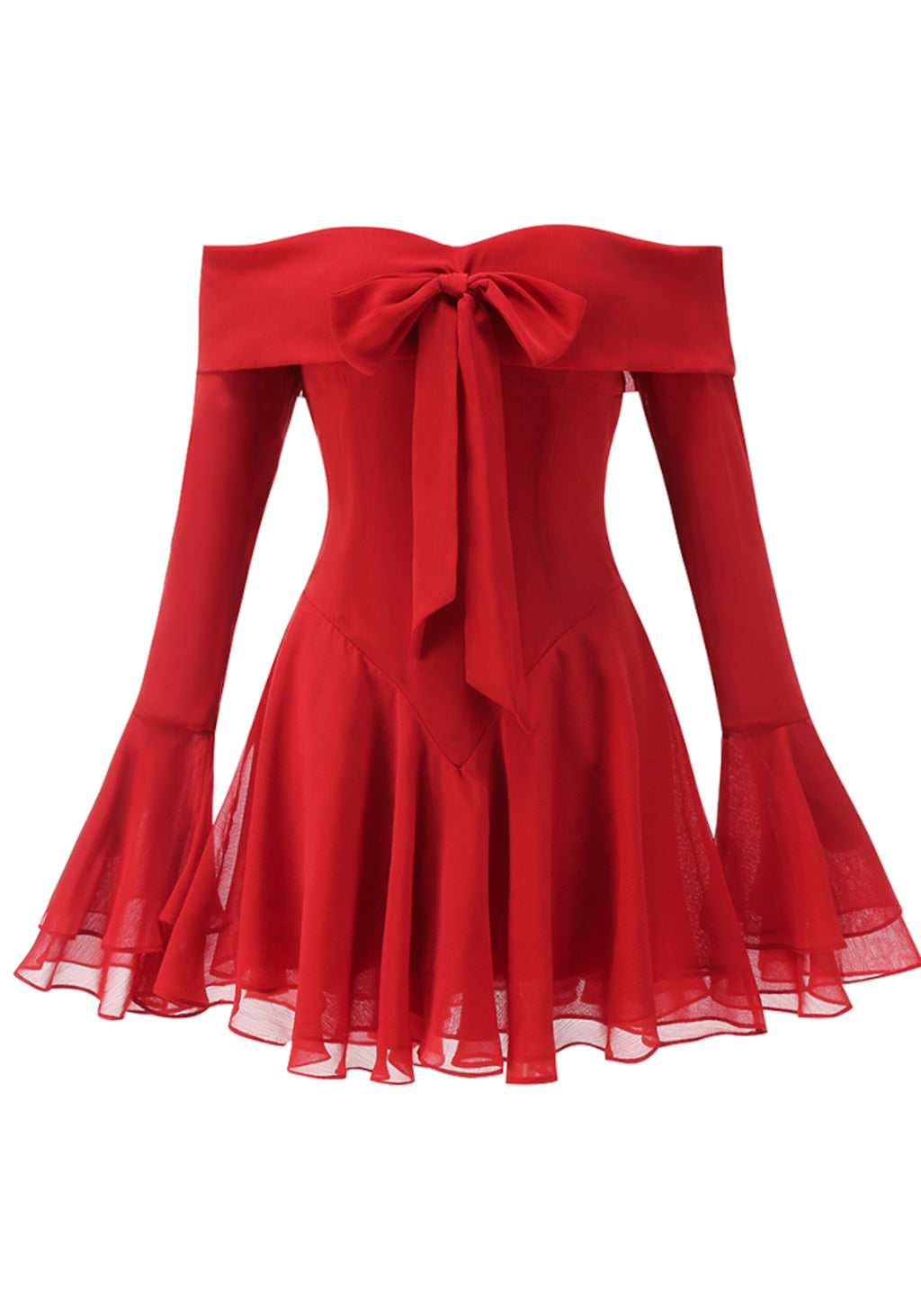 Jancis Long Sleeve Bardot A Line Dress In Red