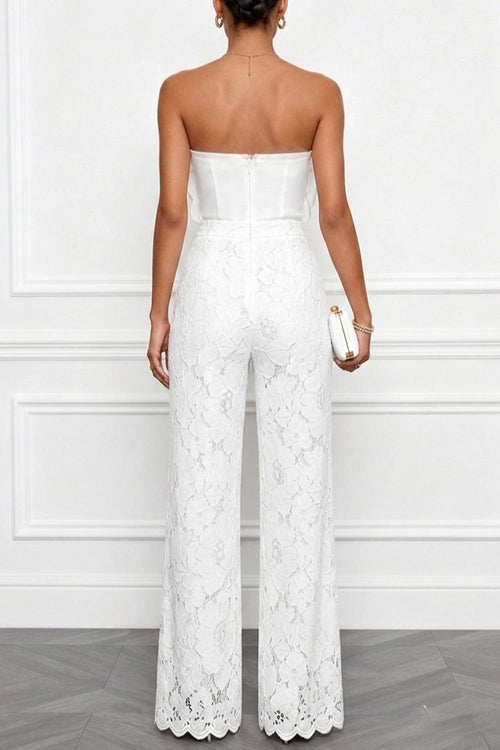 3D Floral Strapless Tube Top & Lace Wide‑Leg Pants Two‑Piece Set