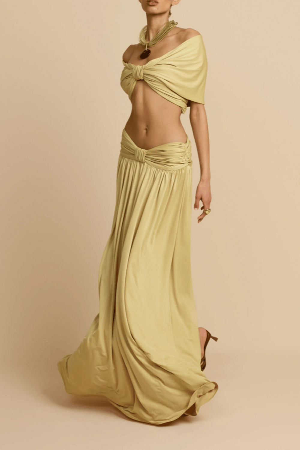 Two-piece Off-shoulder Kink Crop Top High-waist Floor-length Dress