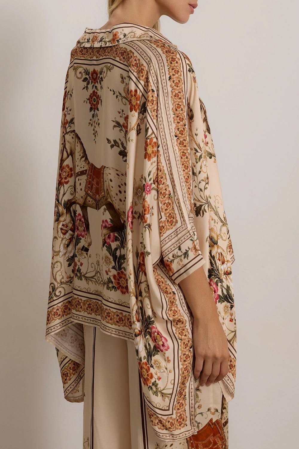 Vintage Horse Floral Print Cape‑Sleeve Shirt & Wide‑Leg Pants Two‑Piece Set