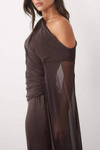 One‑Shoulder Draped Sleeve Ruched Maxi Evening Dress
