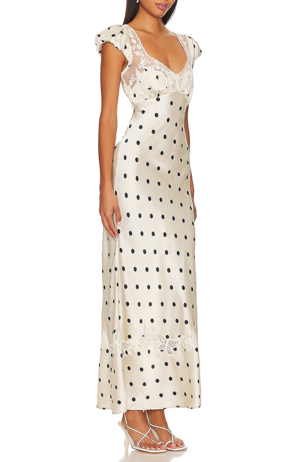 V-Neck Lace Stitching Puff Sleeve Dot Dress