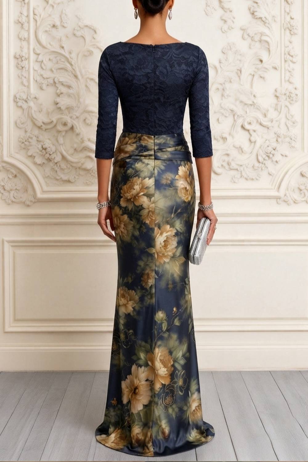 Three-quarter Sleeve Lace Floral Print Mermaid Formal Long Dress