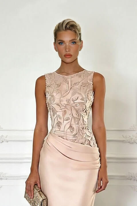 Elegant Light Pink Embroidery Satin Crew Neck Sleeveless Sheath Maxi Dress