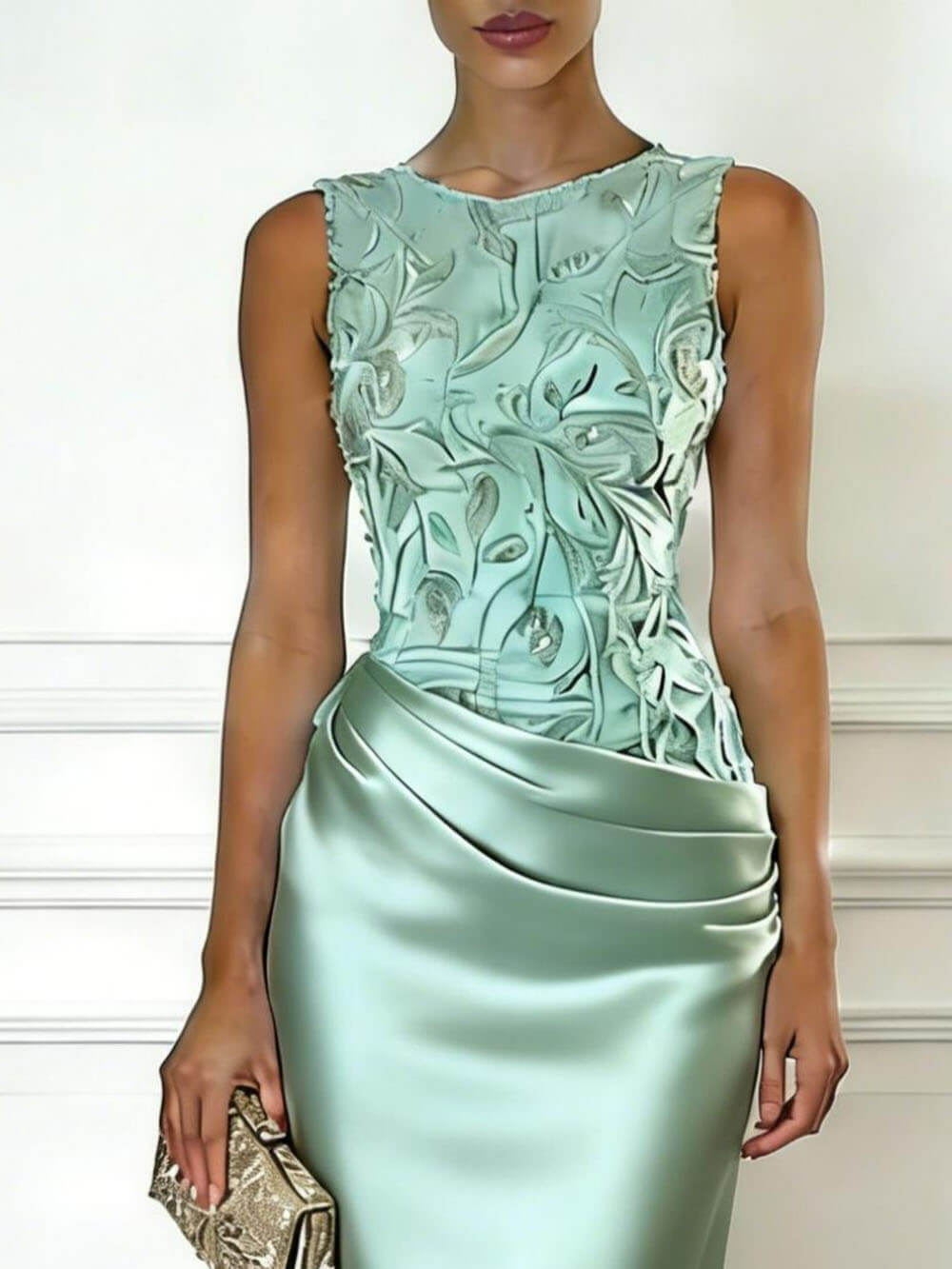 Elegant Light Pink Embroidery Satin Crew Neck Sleeveless Sheath Maxi Dress