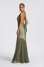 Olive Satin Halter Neck Deep V-Neck Mermaid Evening Gown - Sexy Backless Formal Dress For Party, Wedding & Gala