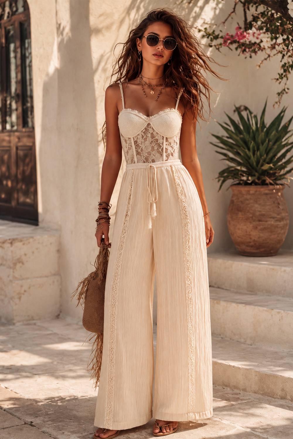 Spaghetti Strap Floral Lace Drawstring Waist Wide‑Leg Boho Jumpsuit
