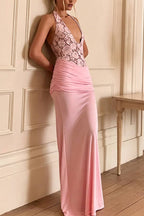 Deep V Halter Lace Bodice Ruched Mermaid Maxi Dress