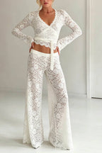 Long‑Sleeve Wrap Lace Crop Top & Flare Pants Two‑Piece Set