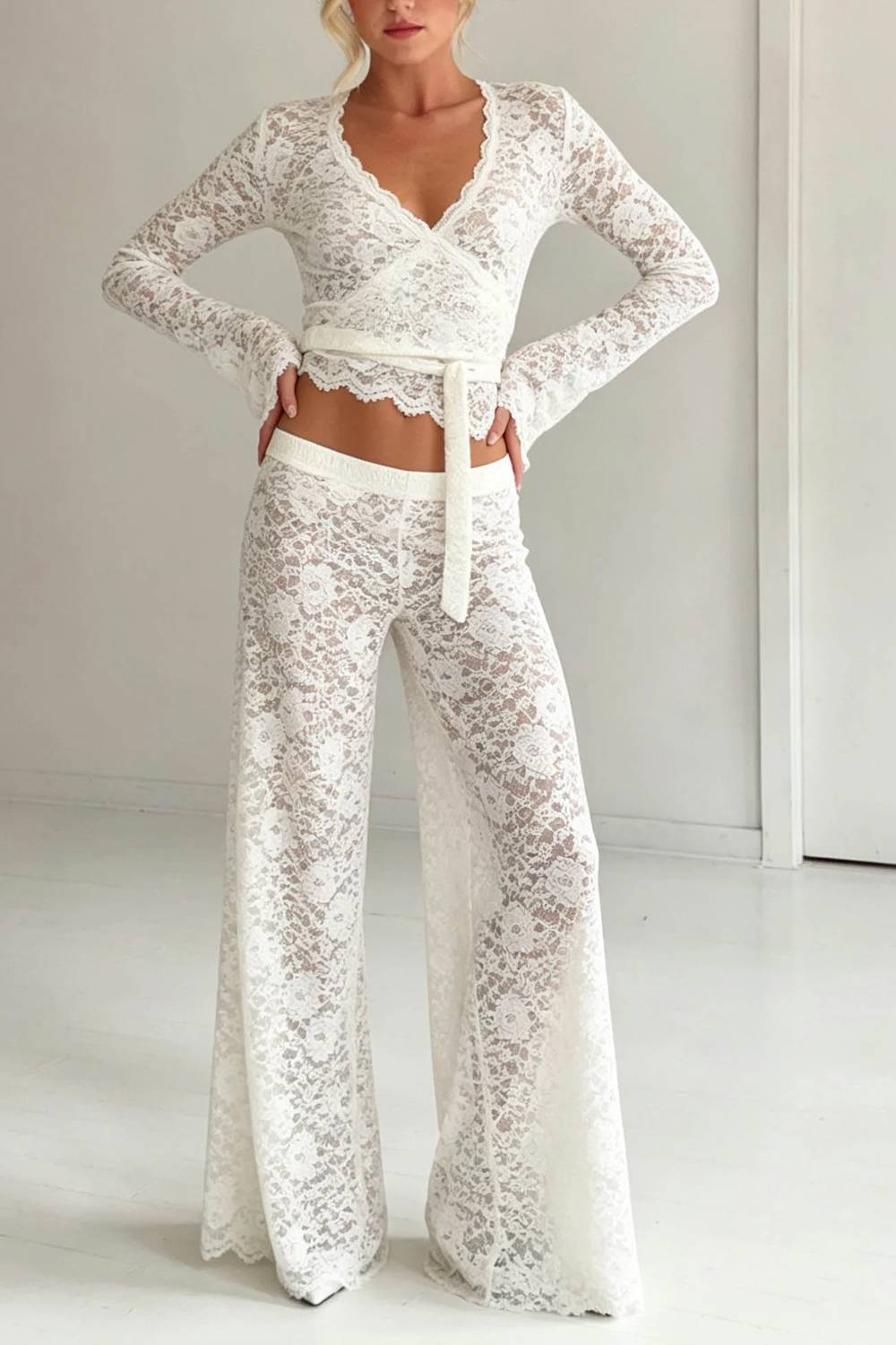 Long‑Sleeve Wrap Lace Crop Top & Flare Pants Two‑Piece Set