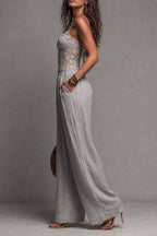 Strap Lace Bodice Elastic Waist Wide‑Leg Jumpsuit With Pockets
